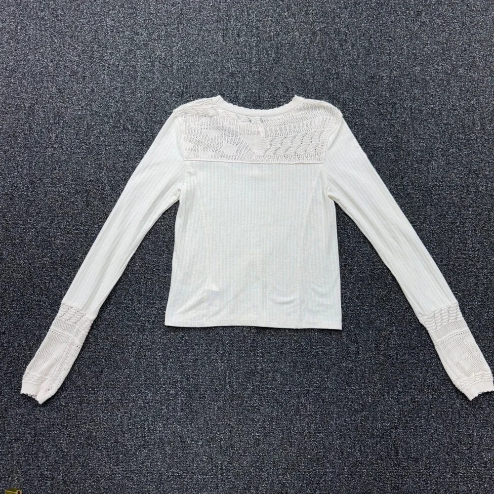 Free People Crochet Lace Ribbed Top Womens XS Cream good boho layering